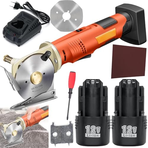 Coupe-Carton, Coupe-Tissu électrique Sans Fil 2 * 2000 Mah Batterie 12V 240W Taille De Lame 70 Mm 25 Mm épaisseur Coupe Maximale Comprend 2 Lames De Rechange (Total 3) Pour Tissu Tapis