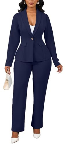 Business 2 Piece Pant Suits for Women Dressy Blazer Pantsuit Set Navy Blue