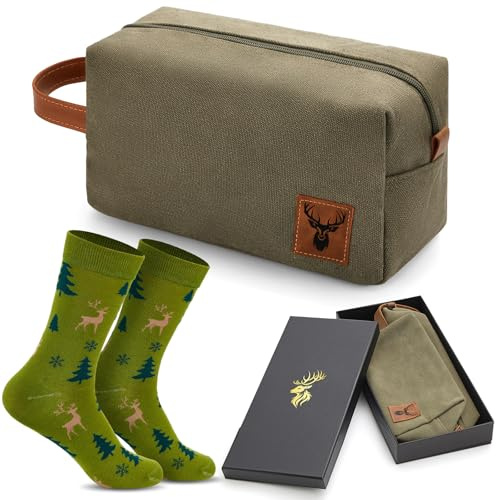 Jadive Set de Regalo Incluye 1 Neceser con el Logo de un Ciervo 1 Divertido Calcetín de Accesorios de Caza para Hombre, Escalada, Senderismo, Cumpleaños, Pascua