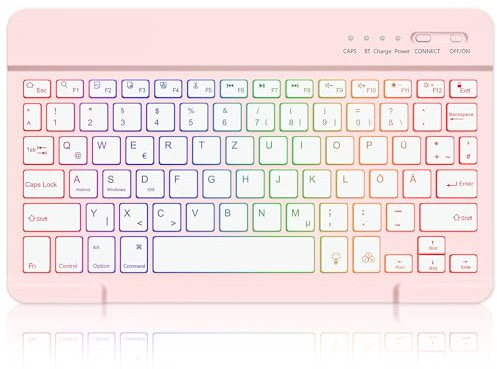 MMK Bluetooth Tastatur für iOS, Android and Windows, 7 Farben Beleuchtete | Portable Wireless Bluetooth Keyboard für iPad, iPhone, Samsung, Lenovo, Huawei, Rosa