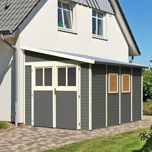 Karibu Abri de Jardin Adossé Bois Massif Gris Terre 8,27m² Bomlitz 4 | Robuste avec Embase Incluse | Double Porte Semi-Vitrée, Fenêtres Plexi | Toiture Résistante 75kg/m²