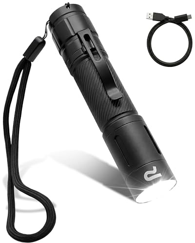 Generico Torcia Potente Professionale, Torce Led Alta Potenza Ricaricabili, Torcia Ricaricabile USB in Alluminio 11,8 cm, Nero