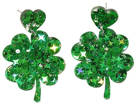 St Patricks Day, Glitzer Kleeblatt Ohrringe, Klee Ohrringe, Irischer Stil St Patricks Day Ohrringes Hängend Glückliche Acryl-Grünklee, für Irisches Festival Party Dekoration