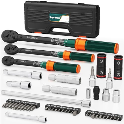 NADOKHI Clé Dynamométrique 1/4 3/8 1/2, 47 Pièces 1-25Nm/5-60Nm/20-220Nm | Torque Wrench Set avec 72 Dents Tête à Cliquet Réversible, Précision ± 3%, pour Vélos, Moto, Voiture, Camion