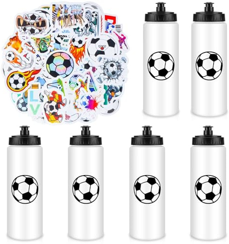 CNSJ 6 Pcs 20Oz Football Water Bottle Bulk with 60 PCS Stickers Plastic Sports Soccer Reusable Squeeze Bottle with Easy Open Cap for Fitness Adults Boys Team Gym Gifts Party Favours