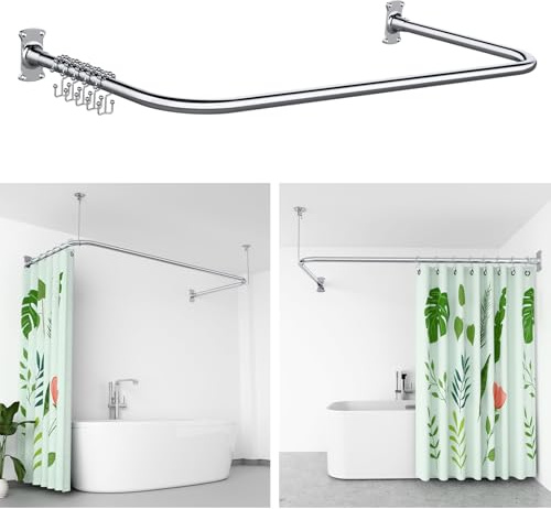 OTOmitra Tringle de rideau de douche en U [75-78x150-190x75-78]cm en acier inoxydable 304, tringle d’angle avec support de plafond, 20 anneaux inclus, pour modernisation de baignoires