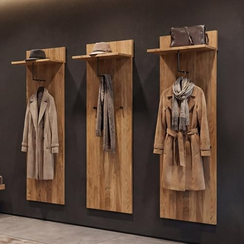 MCA 3er-Set Garderobenpaneel HWC-P55 Massiv-Holz Ablagefläche Haken, Eiche