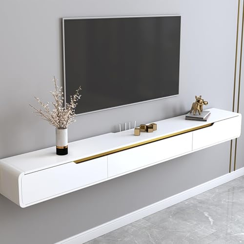 Ahtadums Massivholz TV Lowboard Hängend, TV Schrank hängend mit 2 Schubladen TV Board hängend Hängeschrank Wandregal komplett montiert (Weiß A, 200cm)