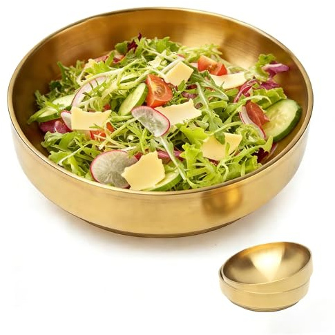 2er Set Doppelwandige Edelstahl Schüssel 23cm, Isolierte Suppen, & Salatschüssel, Spülmaschinenfest & Hitzebeständig, Ideal für Ramen, Bibimbap, Salat & Hot Pot, Für Haushalt & Restaurant (Gold)