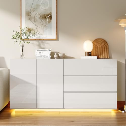 Poeahu Buffet Blanc Brillant avec LED 160cm, Armoire de Rangement avec 3 Tiroirs et 2 Portes Buffet Salle a Manger Moderne Meuble TV Blanc Laqué pour Salon Cuisine Chambre