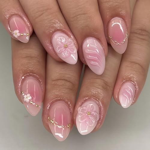 Cosblisvia Press on Nails 24Pcs, False Nails Short Almond for Women, Girls, Nail Lovers, Fake Nails 3D Flower Pink Ombre for Wedding, Work, Daily Use (Pink)
