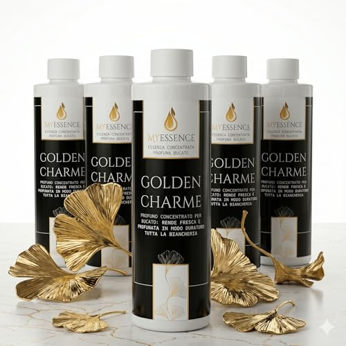 Set 5 Profumatori Bucato Lavatrice 250ml MyEssence - Essenza Profumo Concentrato Oltre 50% - Fragranza Persistente Lunga Durata per Panni e Tessuti - Profumo Lavatrice Intenso (5 Pezzi, Golden Charme)