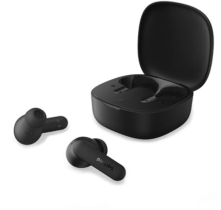 PHILIPS TAT2200BK True-Wireless-Ohrhörer mit aktiver Geräuschunterdrückung, 36 Stunden Wiedergabedauer, SecureFit-Stöpsel, 4 Mikrofone für klare Anrufe, Bluetooth 6.0, IPX4, kompaktes Etui, Schwarz
