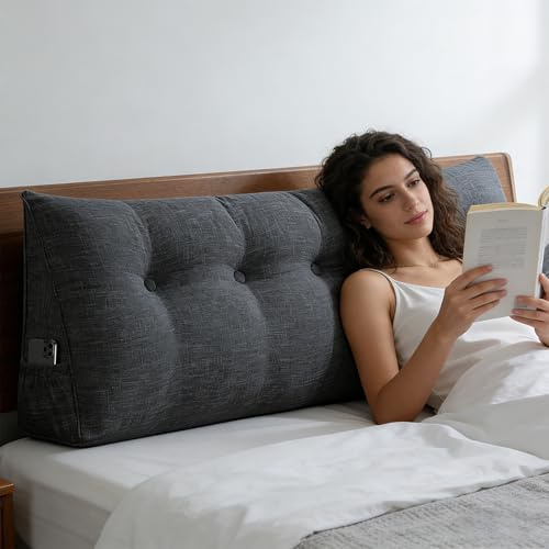 Belfoyer Langes Rückenkissen, Lesekissen für Bett und Sofa – 160 cm mit Seitenfach, robuster Baumwoll-Leinen-Mix, stützt Rücken & Nacken, rutschfest, für 2-3 Personen, Dunkelgrau