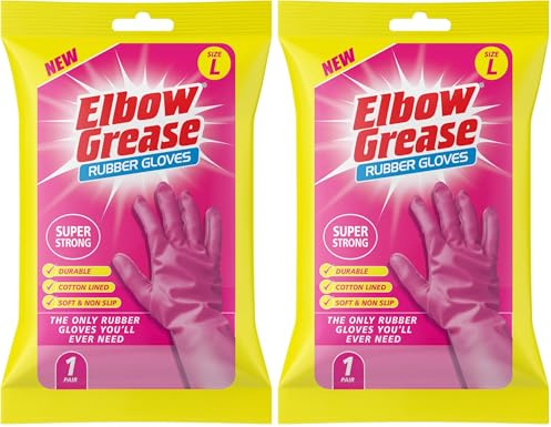 Elbow Grease Pink Rubber Gloves | Super Strong, Cotton Lined, Non-Slip Household Gloves (Large - 2 Pack)