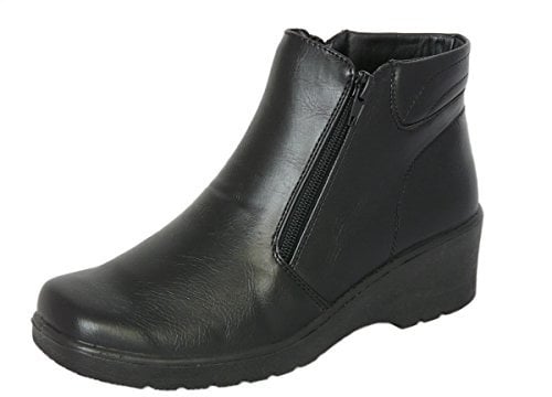 Cushion Walk Women's Black Low Wedge Ankle Boots with Double Zip Fastening & Non-Slip Sole - Sizes 3-8 (7 UK 41 EU)