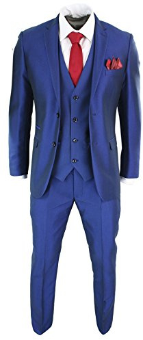Paul Andrew Mens 3 Piece Shiny Blue Wedding Prom Party Suit Tailored Fit Smart Formal