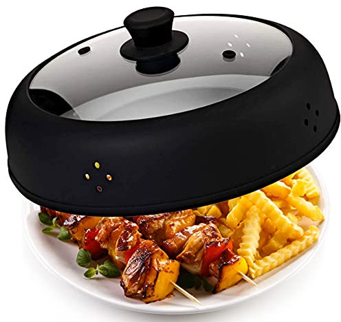 Bezrat Vented Glass Microwave Plate Cover | Large 12-inch Splatter Guard Lid | Firm Grip Silicone handle | 100% Food Grade | Dishwasher Safe (Black)