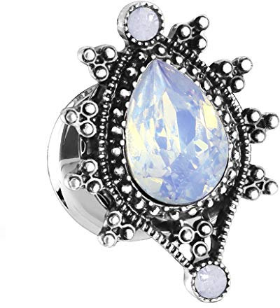 beyoutifulthings Ohr-Plug Vintage TRÄNEN-Tropfen Opal Ohr-Piercing Ohr-Schmuck Chirurgenstahl Tunnel Sattel-Verschluss Antik-Silber 14mm