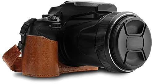 MegaGear MG1534 Nikon Coolpix P1000 Ever Ready Leder Kamera Halbtasche mit Trageriemen - Dunkelbraun
