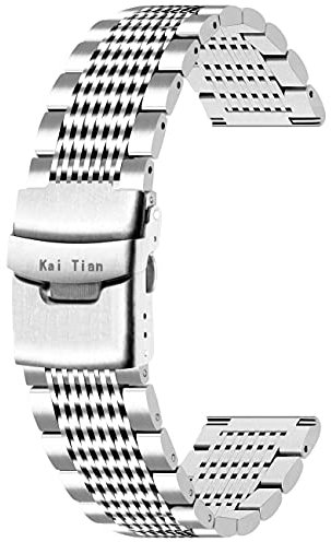 Kai Tian 22mm Armbanduhr für Damen Herren Silber Edelstahl Uhrarmband Mesh Uhrenband Doppelschlösser Faltschließe Uhrenarmband Ersatz Metall Armband