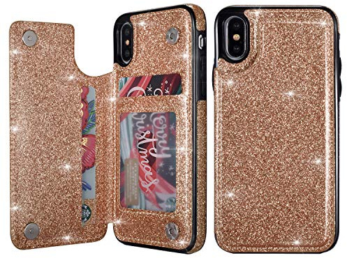 UEEBAI Case for iPhone X iPhone XS, Premium Glitter PU Leather Case Back Wallet Cover [Two Magnetic Clasp] [Card Slots] Stand Function Durable Shockproof Soft TPU Case for iPhone X/XS - Rose Gold#3