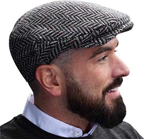 Hanna Hats Herren-Fahrermütze aus Donegal-Tweed im Vintage-Stil, Flach, Hergestellt in Irland,Granitgrau Fischgrätmuster