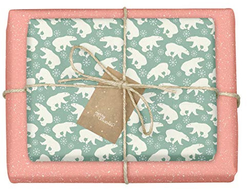 dabelino® Geschenkpapier Weihnachten/Winter Eisbär/Pünktchen - mint, orange: 4x Bögen + 4x Anhänger Set (Kinder, Erwachsene, nachhaltig, öko, zweifarbig, Weihnachtsgeschenkpapier)