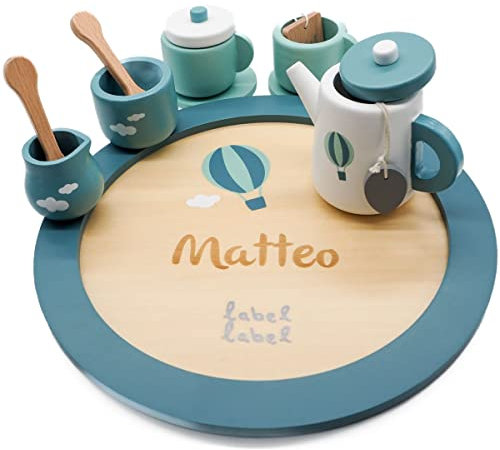 Holz Tee Set mint - personalisierbar I Handmade Holzspielzeug ab 2 Jahren I Label-Label Teeservice Kinderküche I Geburtstagsgeschenk für Kinder I Teeparty-Spielset mit Name