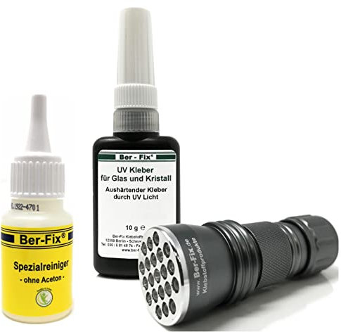 Ber-Fix Kit de colle UV avec lampe - Colle pour verre et verre - 10 g - Faible viscosité - 21 LED - Lampe de poche UV 395 nm - Nettoyant