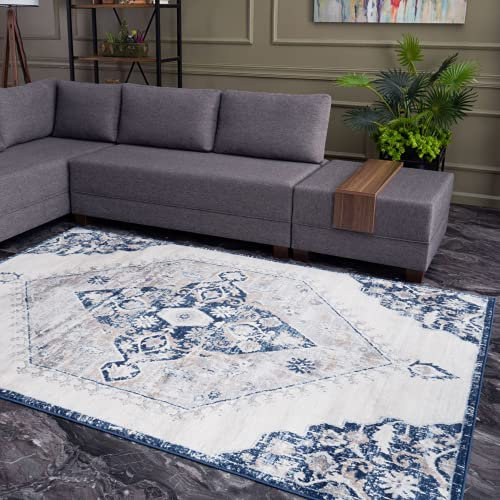 THE RUGS AREA RUG LIVING ROOM BEDROOM LARGE SMALL VINTAGE SOFT SHORT PILE BORDERED CLASSIC ORIENTAL DESIGN TRADITIONAL PERSIAN MOROCCAN BOHO CARPET - XLARGE 200X290 CM, NAVY VINTAGE DESIGN