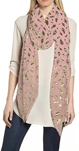 Lina & Lily Foulard Femme à Plumes Métallisées, Écharpe Tissu Léger 180cm X 75cm (Rose clair-Or)