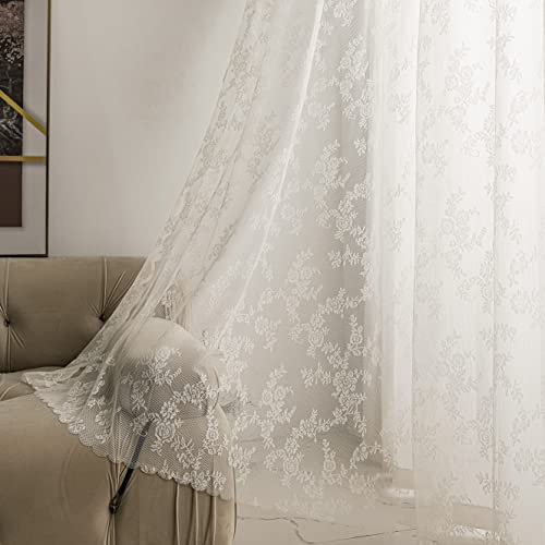 Sutuo Home Elfenbeinfarbene Spitzenvorhänge 2er-Set, durchsichtige Paneele, 183 cm Länge, Blumenstickerei, Vintage-Voile, Fensterbehandlung, Paar für Schlafzimmer, Wohnzimmer, Stangentasche, B57xL72