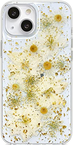 Abbery Handyhülle für iPhone 13 Mini Hülle Durchsichtig Echte Getrocknete Blumen Mit Kameraschutz Motiv Muster Glitzer Dünne Transparente Silikon Frauen Mädchen Stoßfeste Schutzhülle (Golden Daisy)
