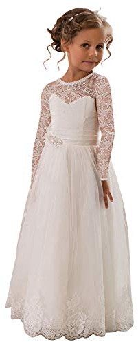 Aibaowedding Vestido largo vintage de tul para niños, vestido de encaje con cinturón, línea A, vestidos de comunión, damas de honor, vestidos de niña de flores para niñas de 2 a 12 años