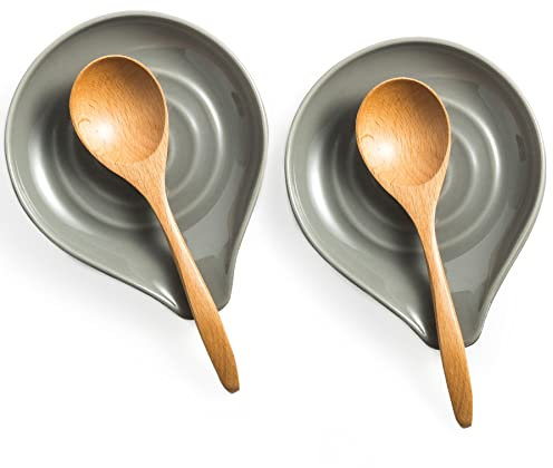 LAUCHUH Ceramic Spoon Rest for Stove Top, Large Spoon Holder, Spoon Rest for Kitchen Counter, Spoons, Ladles, Tongs, Christmas, Farmhouse Kitchen Decor, Spatula Holder Set of 2, Grey