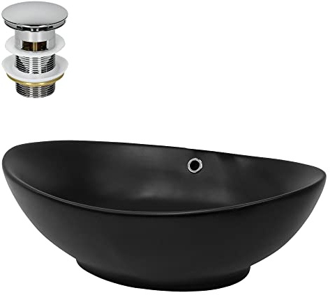 ML-Design Waschbecken Keramik Schwarz matt 59x38x19 cm inkl. Ablaufgarnitur, Ovale Aufsatzwaschbecken mit Überlauf, Moderne Waschtisch Waschschale Waschplatz Handwaschbecken, für Badezimmer/Gäste-WC