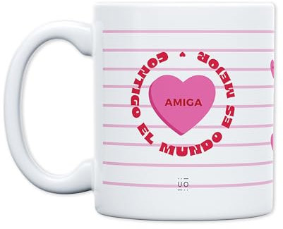 UO Taza Amiga, Contigo El Mundo Es Mejor. Taza para Desayuno. Un Regalo Lleno de Amor para Tu Mejor Amiga. Detalle Original para San Valentín. Capacidad 350 ml, Cerámica.