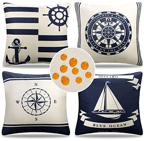 Sofakissen 45 X 45 Deko Kissenhülle Wasserdichte Kissenbezug für Garten Rurniture Kissenbezüge Nautischer Segeln Kompass Anker Ruder Marine Dekokissen für Terrasse Schlafzimmer Wohnzimmer 4 Stück