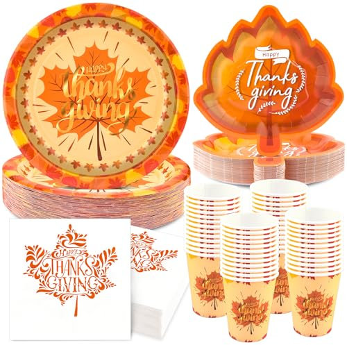 EPHYO 200PCS Thanksgiving Paper Plates and Napkins Cups Fall Leaves 10in Happy Thanksgiving Disposable Autumn Harvest Decorations Party Supplies Dessert Dinnerware
