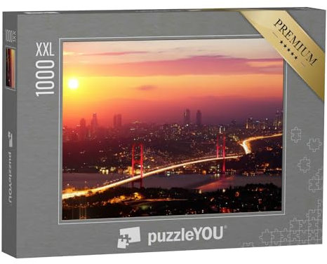 Puzzle 1000 Teile XXL „Herrlicher Sonnenuntergang über der Türkei Istanbul Bosporus-Brücke, während sie rot angestrahlt wurde“
