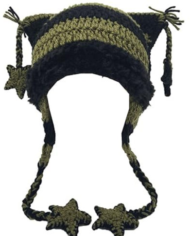 Cat Beanie Beanies Y2k Beanie Strickmütze Grunge Goth y2k Zubehör Häkelmützen für Damen, Schwarz / Grün - A, M