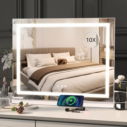 YOURLITE Miroir Maquillage Lumineux 80x60cm, Miroir LED Hollywood, 3 températures de Couleur, Touche Tactile, Port de Chargement USB, Loupe 10x, Installation Murale/sur Table pour Coiffeuse
