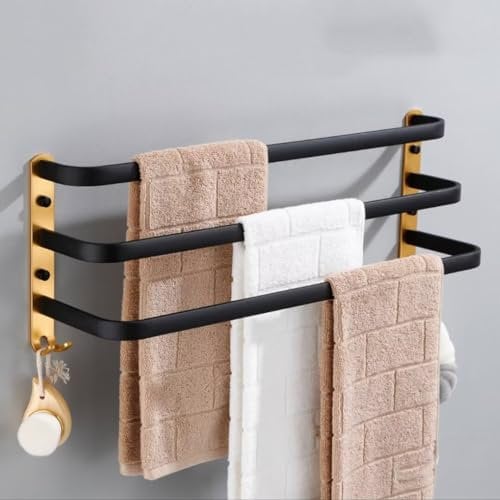 Handtuchhalter Wand mit 2 Haken Aluminium Handtuchstange Bad, Handtuchhalter für Badezimmer und Küche Schwarz+Gold 3 Stangen 60cm