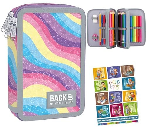 Goldkids - Federmäppchen 3 Fächer - Mäppchen für Mädchen - Federmappe 3-Fach Federtasche Gefüllte Schüleretui 43-teilig - Schulmäppchen und Hausaufgabenheft