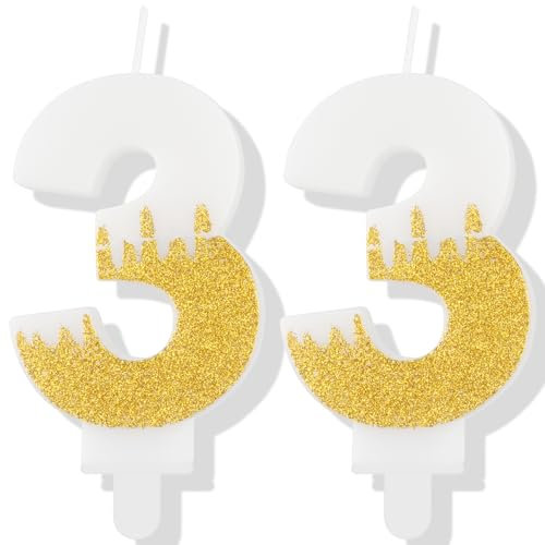 White Birthday Candle, Gold Number 33 Candles for Cake, Gold White 33th Birthday Cake Topper, White Gold Candle Cake Toppers for Women Men Birthday Cake Decorations, Wedding Anniversary Supplies