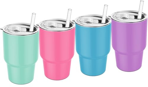 Gosuny 6.5 oz Mini Tumblers with Slider Lids and Straws - Upgraded 4 Pack Mini Tumbler Shot Glass with Straw Double Wall Vacuum Stainless Steel Small Insulated Stackable Cup Leak Proof (Multicolored)