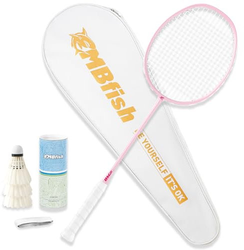 Badmintonschläger-Set mit 1 Kohlefaser-Schläger, 3 Federbällen, 2 Ersatz-Griffbändern und 1 Badminton-Tasche, perfekt für Outdoor-Spiele und Fitnessstudio, 5U, Rosa, 1P