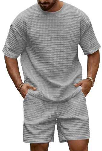 KUYIGO Men's Tracksuits 2 Piece Outfits Short Sleeve Crew Neck Waffle Texture Pullover Tracksuit Set Sweatshirt and Joggers Waffle Tops Bottoms Casual Sport Activewear Suit
