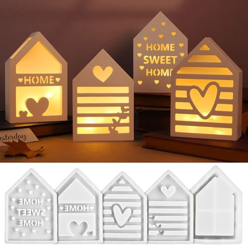 UNIANE 5 Stück Silikonformen Gießformen Häuser,Silikonform Haus, Silikonform Mini Häuser, Gießform Haus mit Fenster, Gießformen Silikon Haus, Kerzenform Seifenform Epoxidharz Formen für Seife Gips